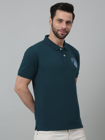 Men's Teal  Polo neck Half Sleeve T-Shirt with chest print