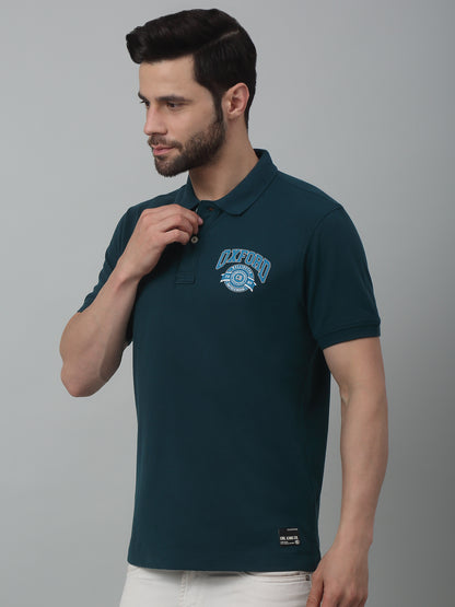 Men's Teal  Polo neck Half Sleeve T-Shirt with chest print