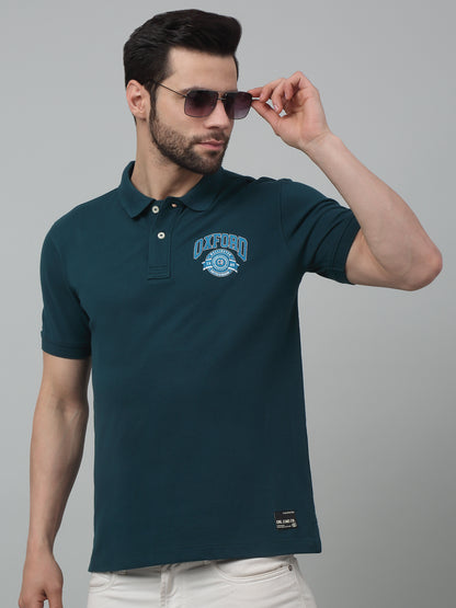 Men's Teal  Polo neck Half Sleeve T-Shirt with chest print