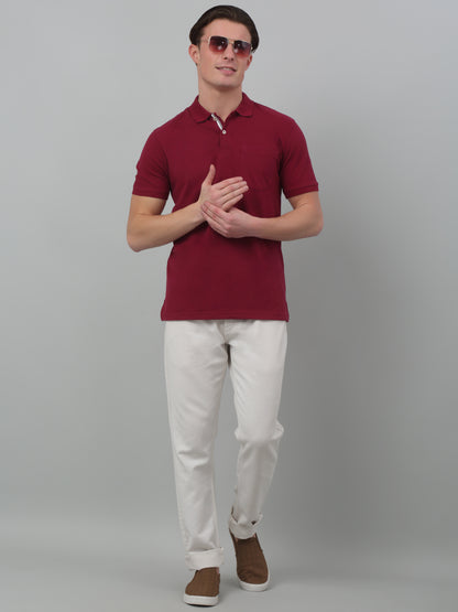 Men's Maroon  Polo neck Half Sleeve T-Shirt with chest pocket