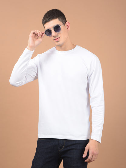 Men's White Self Design Full Sleeves Round Neck T-shirt For Winter