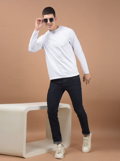 Men's White Self Design Full Sleeves Round Neck T-shirt For Winter