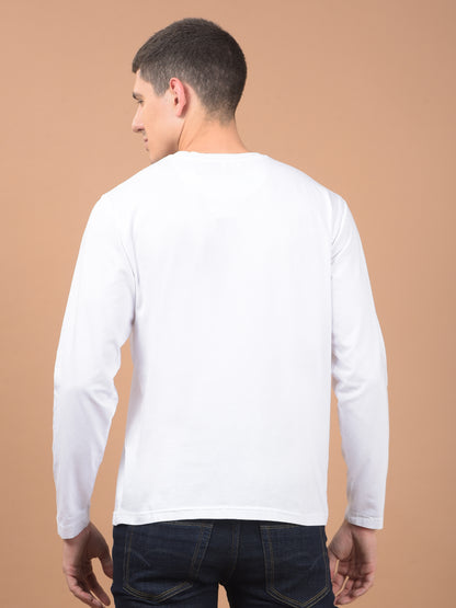 Men's White Self Design Full Sleeves Round Neck T-shirt For Winter