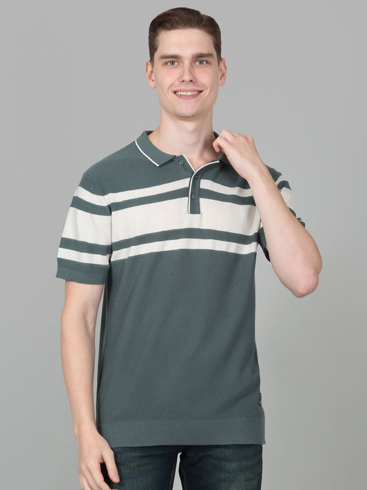 T-Shirt for Men | Breathable & Soft with Color Fastness Regular Fit Polo Neck Cotton Blend Fabric Striped Pattern