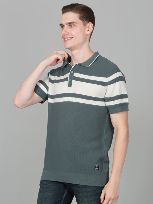 T-Shirt for Men | Breathable & Soft with Color Fastness Regular Fit Polo Neck Cotton Blend Fabric Striped Pattern