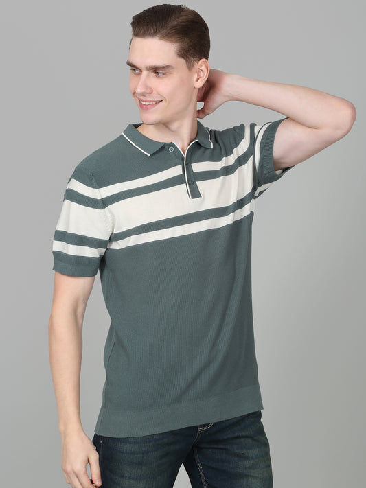 T-Shirt for Men | Breathable & Soft with Color Fastness Regular Fit Polo Neck Cotton Blend Fabric Striped Pattern