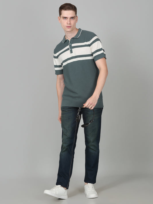 T-Shirt for Men | Breathable & Soft with Color Fastness Regular Fit Polo Neck Cotton Blend Fabric Striped Pattern