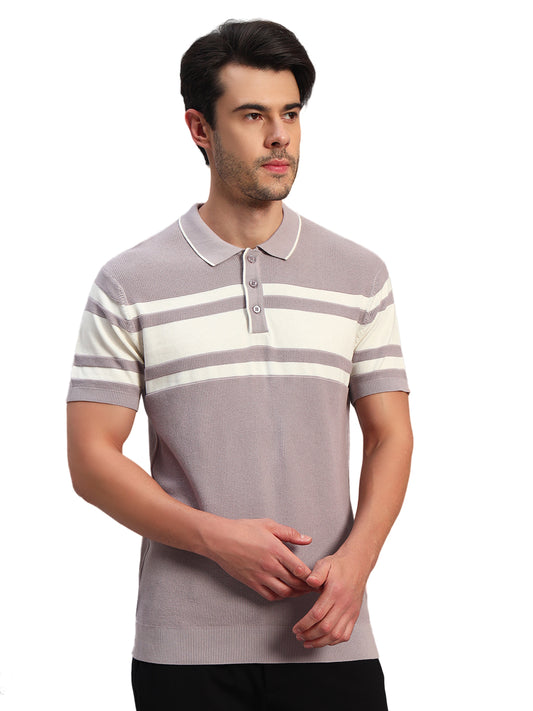 T-Shirt for Men | Breathable & Soft with Color Fastness Regular Fit Polo Neck Cotton Blend Fabric Striped Pattern