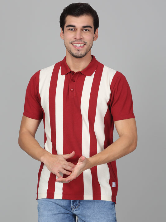 T-Shirt for Men | Breathable & Soft with Color Fastness Regular Fit Polo Neck Cotton Blend Fabric Striped Pattern
