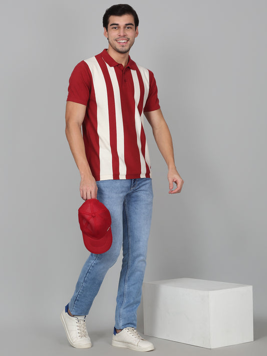 T-Shirt for Men | Breathable & Soft with Color Fastness Regular Fit Polo Neck Cotton Blend Fabric Striped Pattern