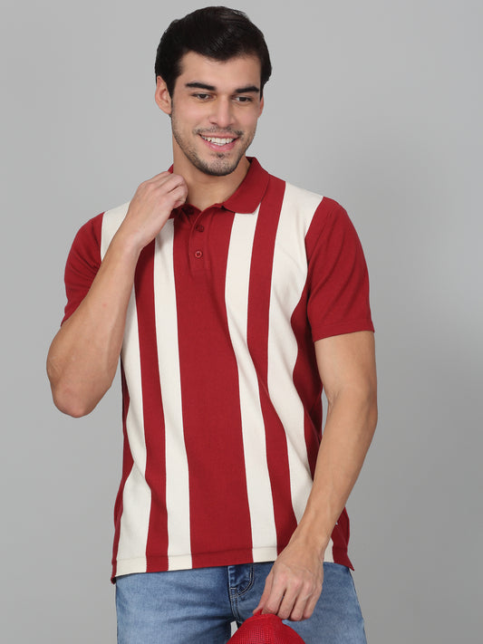 T-Shirt for Men | Breathable & Soft with Color Fastness Regular Fit Polo Neck Cotton Blend Fabric Striped Pattern