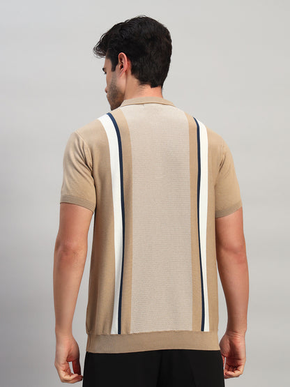T-Shirt for Men | Breathable & Soft with Color Fastness Regular Fit Polo Neck Cotton Blend Fabric Striped Pattern