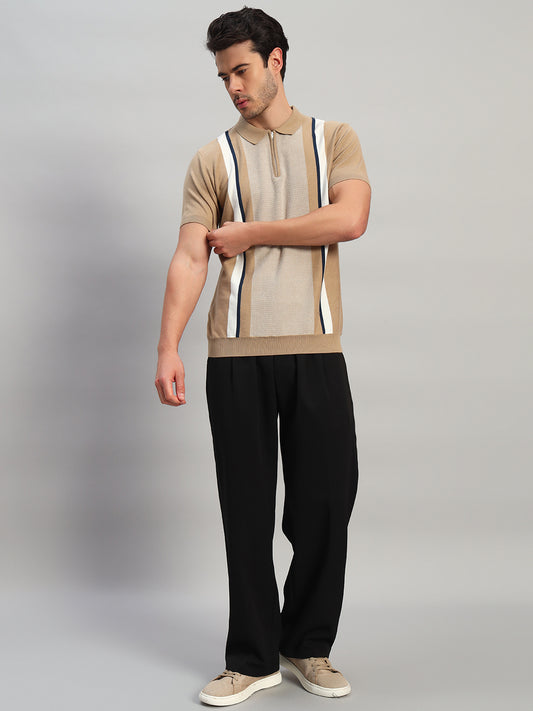 T-Shirt for Men | Breathable & Soft with Color Fastness Regular Fit Polo Neck Cotton Blend Fabric Striped Pattern