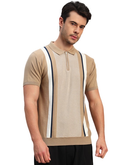 T-Shirt for Men | Breathable & Soft with Color Fastness Regular Fit Polo Neck Cotton Blend Fabric Striped Pattern