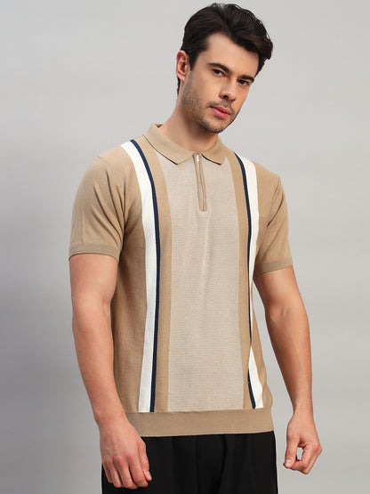 T-Shirt for Men | Breathable & Soft with Color Fastness Regular Fit Polo Neck Cotton Blend Fabric Striped Pattern