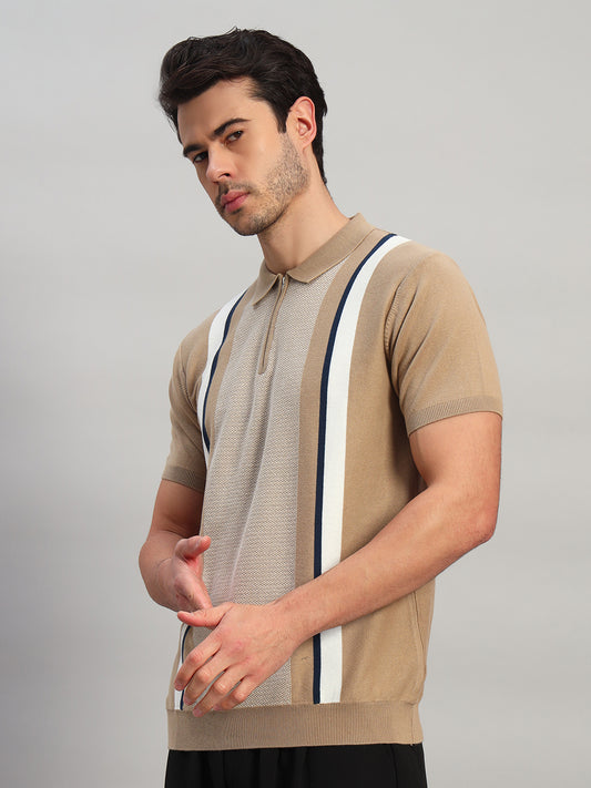 T-Shirt for Men | Breathable & Soft with Color Fastness Regular Fit Polo Neck Cotton Blend Fabric Striped Pattern