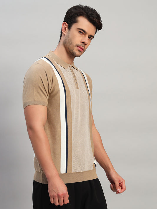 T-Shirt for Men | Breathable & Soft with Color Fastness Regular Fit Polo Neck Cotton Blend Fabric Striped Pattern
