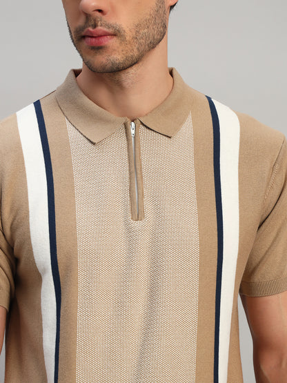 T-Shirt for Men | Breathable & Soft with Color Fastness Regular Fit Polo Neck Cotton Blend Fabric Striped Pattern