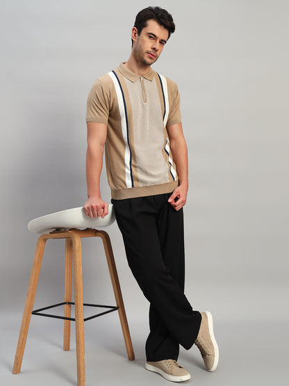 T-Shirt for Men | Breathable & Soft with Color Fastness Regular Fit Polo Neck Cotton Blend Fabric Striped Pattern