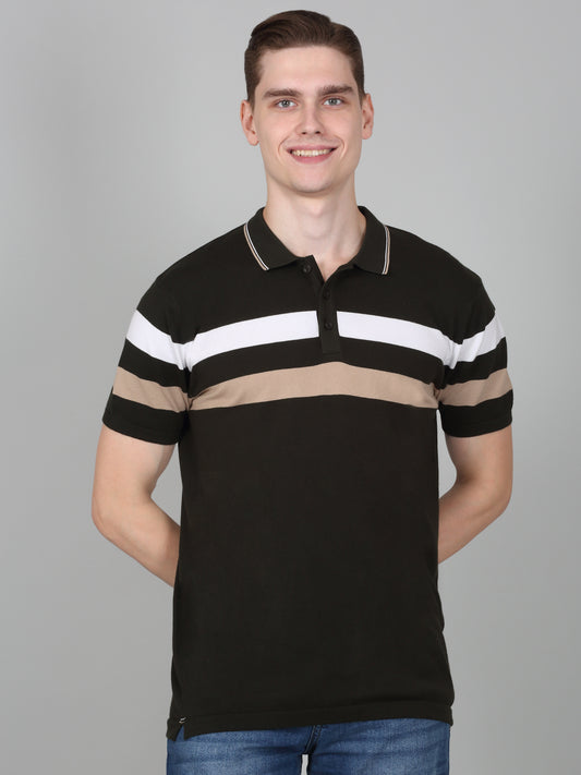 T-Shirt for Men | Breathable & Soft with Color Fastness Regular Fit Polo Neck Cotton Blend Fabric Striped Pattern