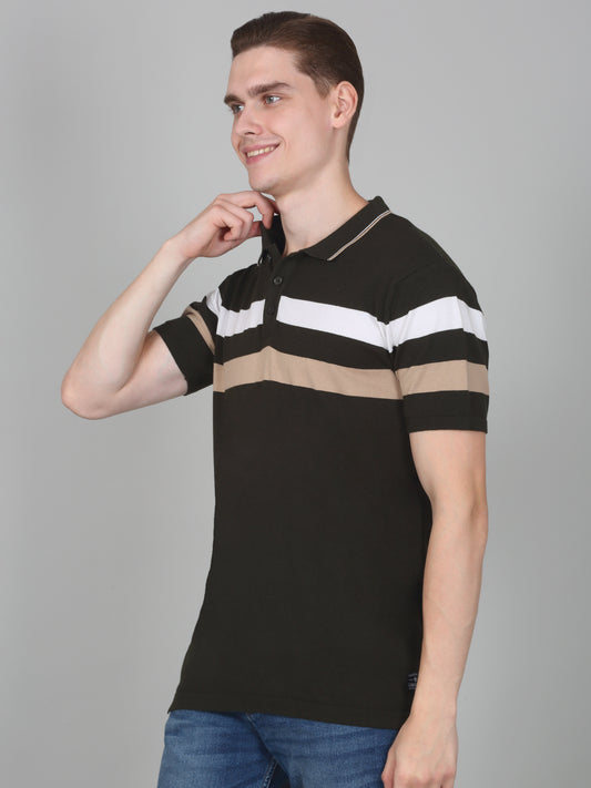 T-Shirt for Men | Breathable & Soft with Color Fastness Regular Fit Polo Neck Cotton Blend Fabric Striped Pattern