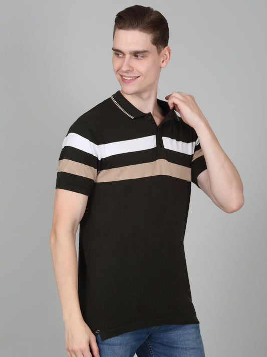 T-Shirt for Men | Breathable & Soft with Color Fastness Regular Fit Polo Neck Cotton Blend Fabric Striped Pattern