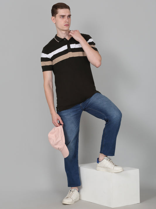 T-Shirt for Men | Breathable & Soft with Color Fastness Regular Fit Polo Neck Cotton Blend Fabric Striped Pattern