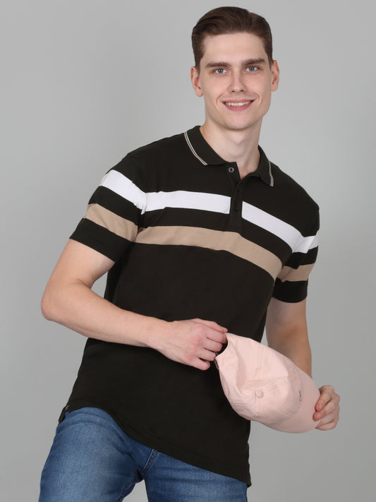 T-Shirt for Men | Breathable & Soft with Color Fastness Regular Fit Polo Neck Cotton Blend Fabric Striped Pattern