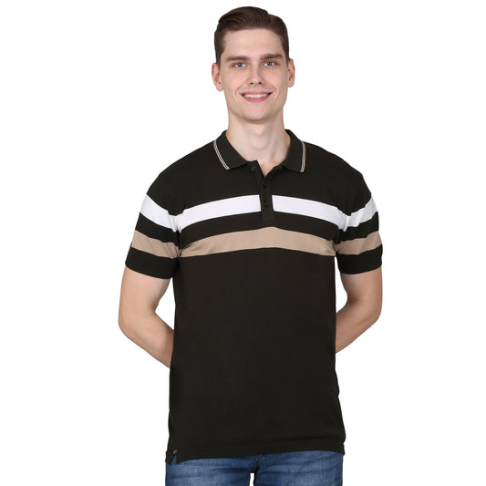 T-Shirt for Men | Breathable & Soft with Color Fastness Regular Fit Polo Neck Cotton Blend Fabric Striped Pattern