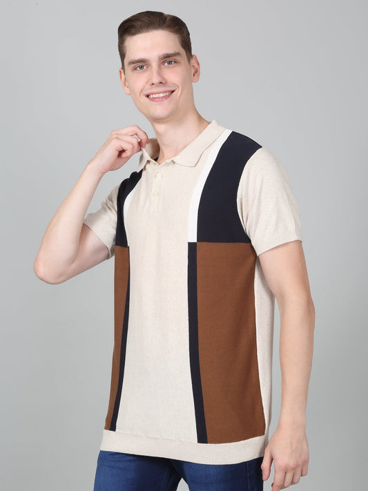 T-Shirt for Men | Breathable & Soft with Color Fastness Regular Fit Polo Neck Cotton Blend Fabric Striped Pattern