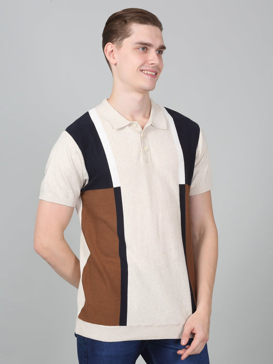 T-Shirt for Men | Breathable & Soft with Color Fastness Regular Fit Polo Neck Cotton Blend Fabric Striped Pattern