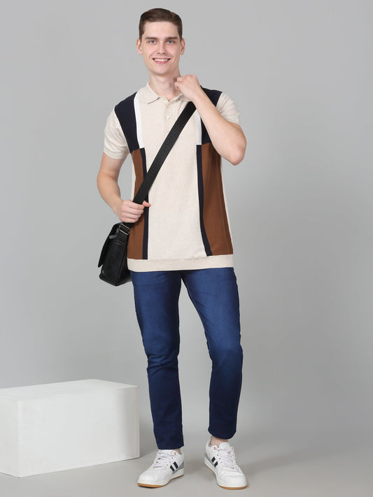 T-Shirt for Men | Breathable & Soft with Color Fastness Regular Fit Polo Neck Cotton Blend Fabric Striped Pattern