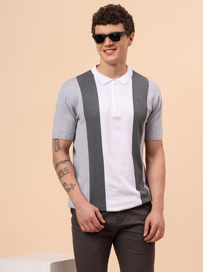 T-Shirt for Men | Breathable & Soft with Color Fastness Regular Fit Polo Neck Cotton Blend Fabric Striped Pattern