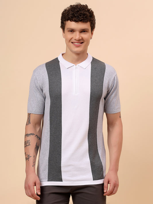 T-Shirt for Men | Breathable & Soft with Color Fastness Regular Fit Polo Neck Cotton Blend Fabric Striped Pattern