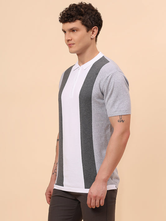 T-Shirt for Men | Breathable & Soft with Color Fastness Regular Fit Polo Neck Cotton Blend Fabric Striped Pattern