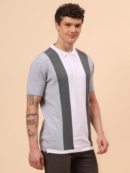 T-Shirt for Men | Breathable & Soft with Color Fastness Regular Fit Polo Neck Cotton Blend Fabric Striped Pattern