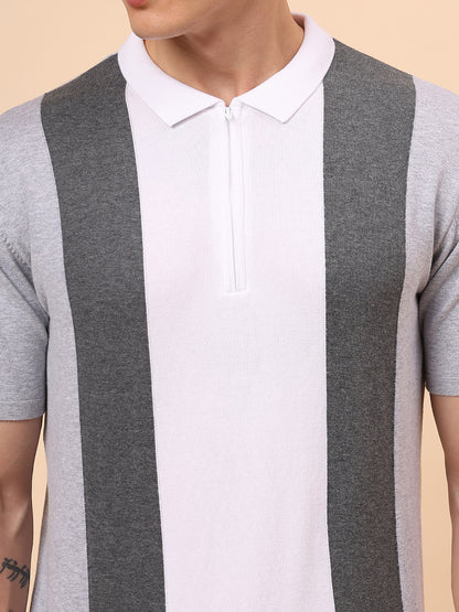 T-Shirt for Men | Breathable & Soft with Color Fastness Regular Fit Polo Neck Cotton Blend Fabric Striped Pattern