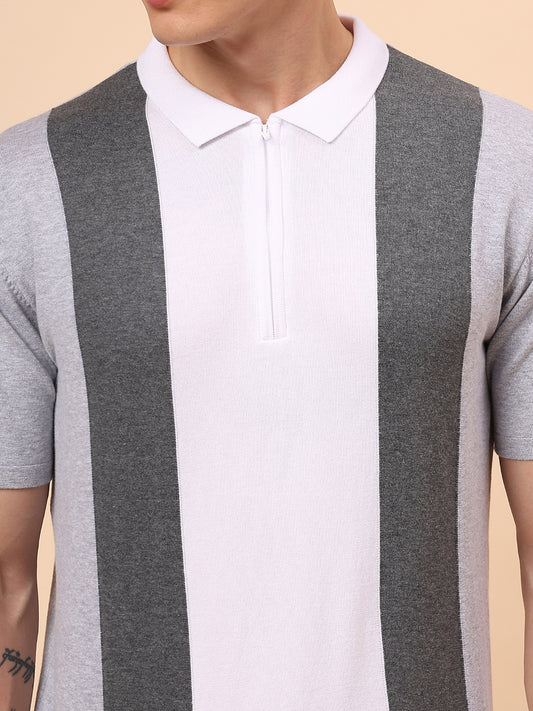 T-Shirt for Men | Breathable & Soft with Color Fastness Regular Fit Polo Neck Cotton Blend Fabric Striped Pattern