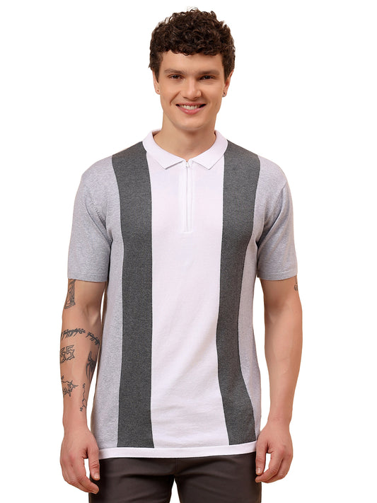 T-Shirt for Men | Breathable & Soft with Color Fastness Regular Fit Polo Neck Cotton Blend Fabric Striped Pattern