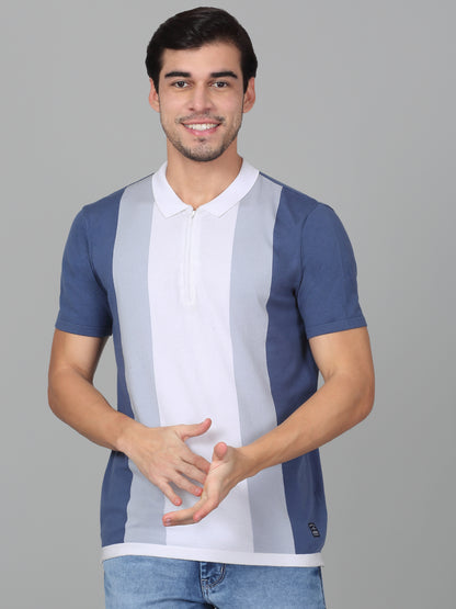 T-Shirt for Men | Breathable & Soft with Color Fastness Regular Fit Polo Neck Cotton Blend Fabric Striped Pattern