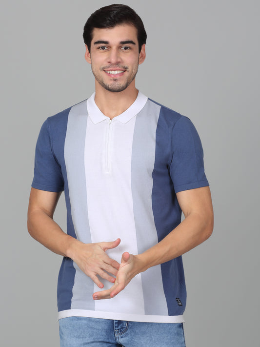 T-Shirt for Men | Breathable & Soft with Color Fastness Regular Fit Polo Neck Cotton Blend Fabric Striped Pattern