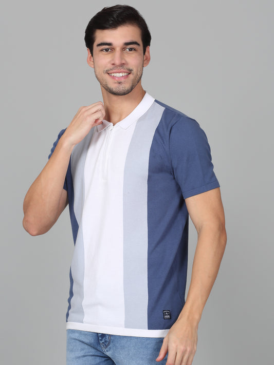 T-Shirt for Men | Breathable & Soft with Color Fastness Regular Fit Polo Neck Cotton Blend Fabric Striped Pattern