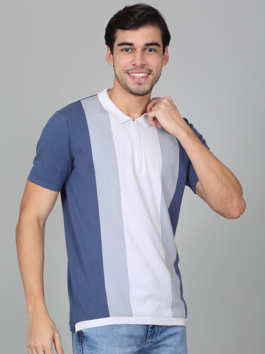 T-Shirt for Men | Breathable & Soft with Color Fastness Regular Fit Polo Neck Cotton Blend Fabric Striped Pattern