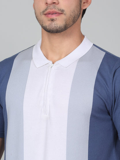 T-Shirt for Men | Breathable & Soft with Color Fastness Regular Fit Polo Neck Cotton Blend Fabric Striped Pattern