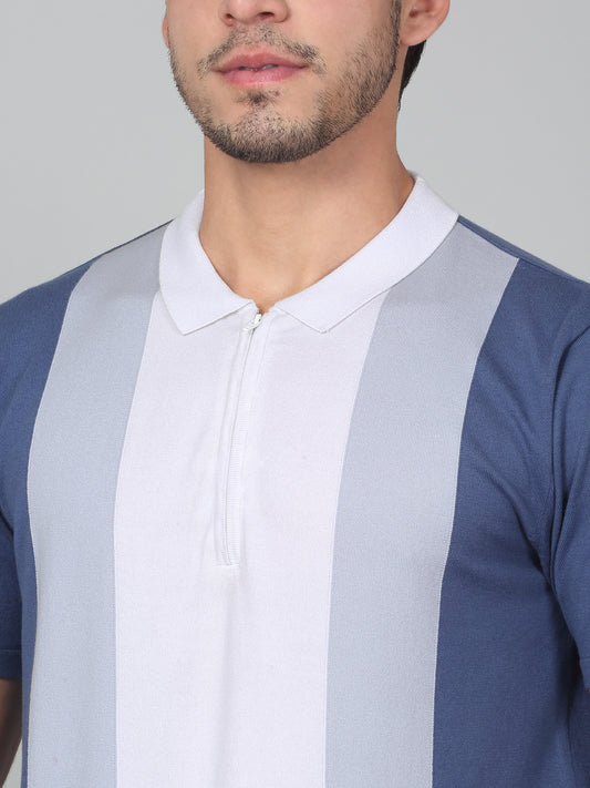 T-Shirt for Men | Breathable & Soft with Color Fastness Regular Fit Polo Neck Cotton Blend Fabric Striped Pattern