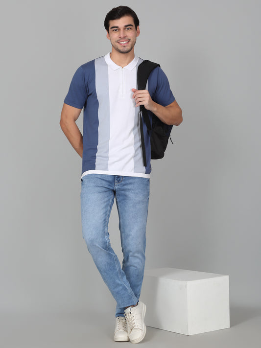 T-Shirt for Men | Breathable & Soft with Color Fastness Regular Fit Polo Neck Cotton Blend Fabric Striped Pattern