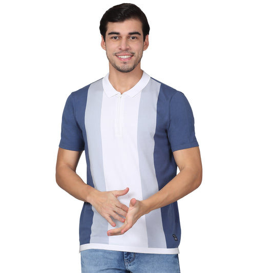 T-Shirt for Men | Breathable & Soft with Color Fastness Regular Fit Polo Neck Cotton Blend Fabric Striped Pattern