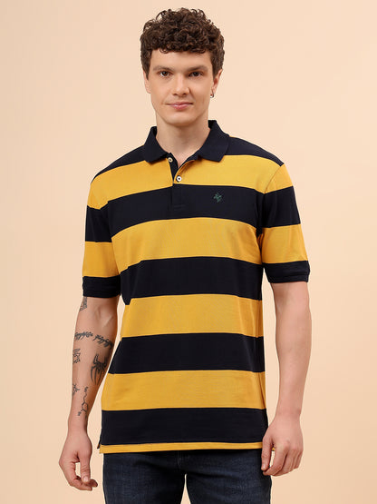 T-Shirt for Men | Breathable & Soft with Color Fastness Regular Fit Polo Neck Poly Cotton Fabric Striped Pattern
