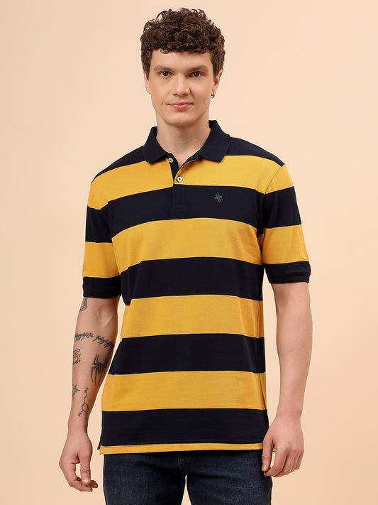 T-Shirt for Men | Breathable & Soft with Color Fastness Regular Fit Polo Neck Poly Cotton Fabric Striped Pattern