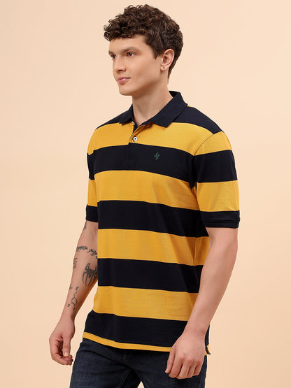 T-Shirt for Men | Breathable & Soft with Color Fastness Regular Fit Polo Neck Poly Cotton Fabric Striped Pattern